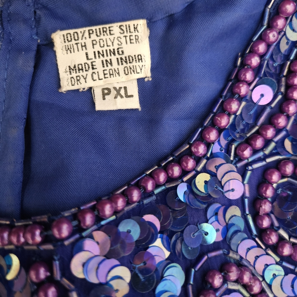 Vintage Silk Blue Beaded Sequin Top Petite XL - Picture 12 of 14